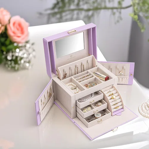Miniatura 48 de vlando joyero organizador clásico de piel sintética con espejo y con llave