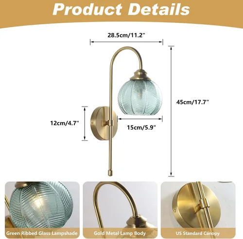 Miniatura 2 de KCO Lighting - Lámpara de pared vintage con globo de vidrio verde y brazo de latón cepillado - Aplique de globo grande, acabado dorado - Lámpara