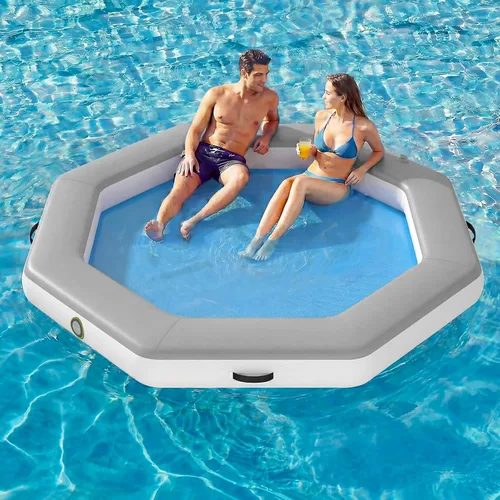 Miniatura 15 de 6-12FT Round Inflatable Floating Dock, Sunchill Float Ring, Water Hammock Tanning Pool Floats with Woven Fabric, Manual Pump for Quick Azul