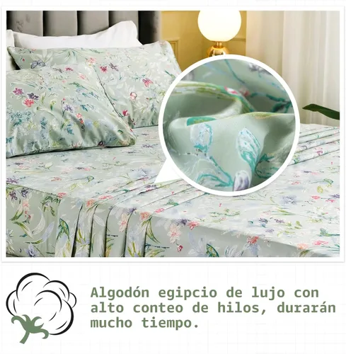 Miniatura 7 de QSH Juego de sábanas tamaño King con estampado floral - Estampado botánico de flores verdes, pájaros y mariposas, ropa de cama de algodón egipcio