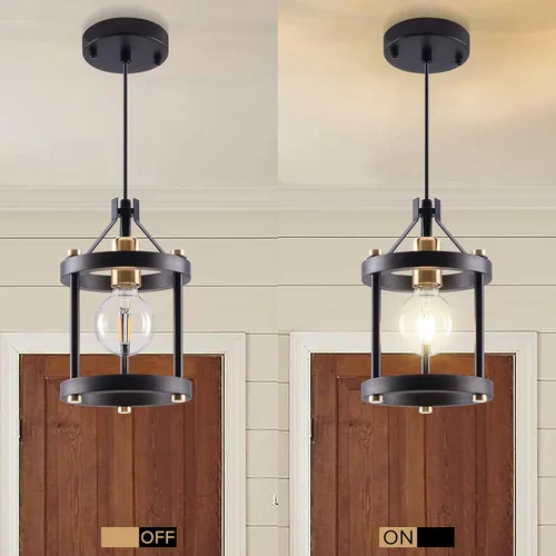 Miniatura 9 de MO&OK Juego de lámparas de araña de 3 luces vintage, lámparas colgantes de metal y madera estilo granja en negro, iluminación colgante de estructura