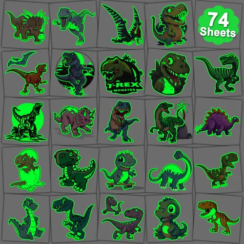CHARLENT Tatuajes temporales de dinosaurios que brillan en la oscuridad para niños, 74 hojas individuales, tatuajes luminosos de dinosaurio para