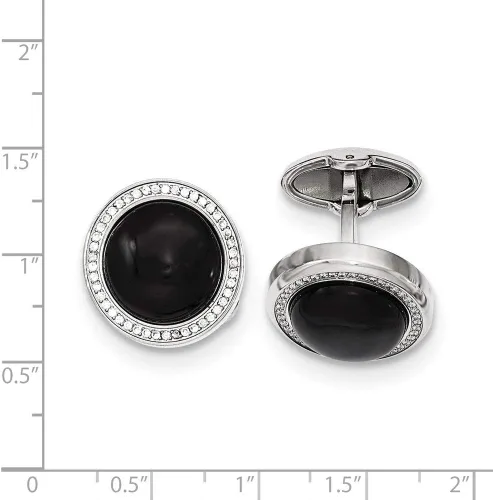 Miniatura 2 de Acero inoxidable pulido con circonita cúbica y ónix simulado gemelos circulares de 0.787 in de ancho - para hombre, talla única , Circonita cúbica
