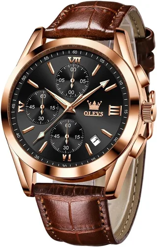 Miniatura 19 de OLEVS - Relojes para hombre, de cuero marrón, caja dorada, analógico, de cuarzo, de moda, para negocios, reloj de vestir, con fecha, luminoso
