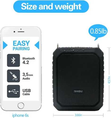 Miniatura 5 de Amplificador de voz inalámbrico con Bluetooth 5.3 Sistema PA portátil de 18 W con clip de cintura, micrófono megáfono recargable impermeable