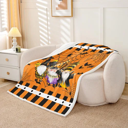 Miniatura 5 de Manfei Manta con temática de gnomos lindos de Halloween para decoración de habitación de niños y niños, manta de tela de araña negra, manta
