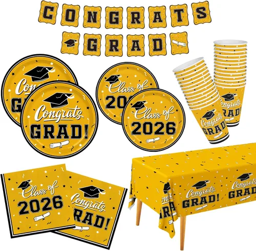 Miniatura 8 de Gatherfun suministros para fiesta de graduación 2022, para 25 comensales, vajilla roja y desechable de papel, con platos, servilletas, vasos, mantel