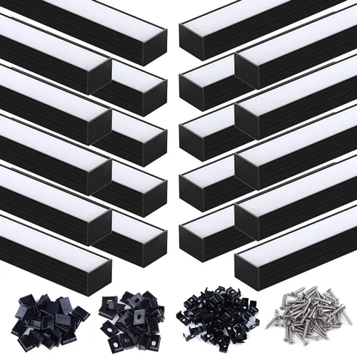 Miniatura 10 de Muzata Paquete de 10 canales LED de tamaño grande de 3.3 pies/3.3 ft, canal difusor de tira LED negro con cubierta difusora blanca esmerilada