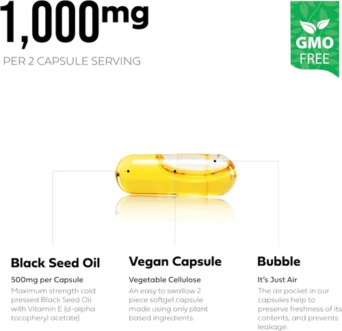 Miniatura 3 de Cápsulas de aceite de semilla negra (OMG y vegano) prensado en frío Nigella sativa que proporciona aceite de semilla de comino negro puro Super