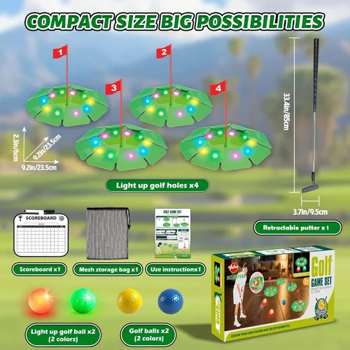 Miniatura 7 de Juego de golf iluminado VATOS - Mini juguete de golf con brillo con 4 agujeros LED, 4 bolas (2 brillantes), putter extensible, construye tu propio