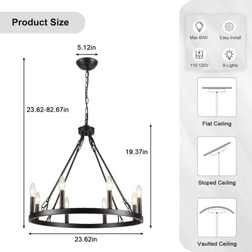 Miniatura 5 de Candelabro Negro de Rueda de Vagón Diámetro 26 pulgadas 8 Luces Candelabros Negros Estilo Granja para Comedor Lámpara Colgante Redonda Rústica
