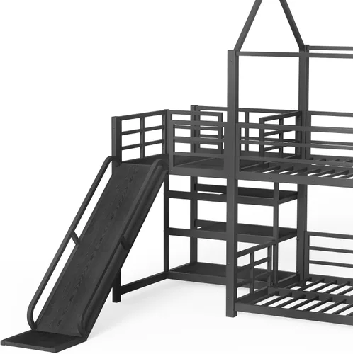 Miniatura 8 de Bellemave Literas de metal de tamaño individual sobre individual con tobogán y escaleras de almacenamiento, litera de piso con barandilla