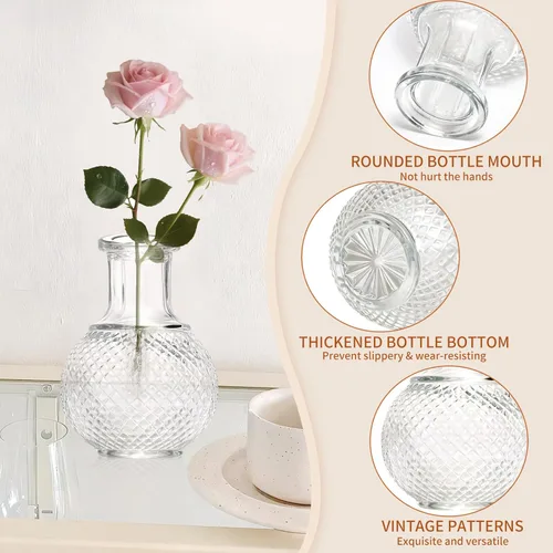 Miniatura 3 de KJHL Juego de 4 jarrones pequeños de cristal para flores, jarrones de flores pequeños transparentes vintage para centros de mesa de boda, mini