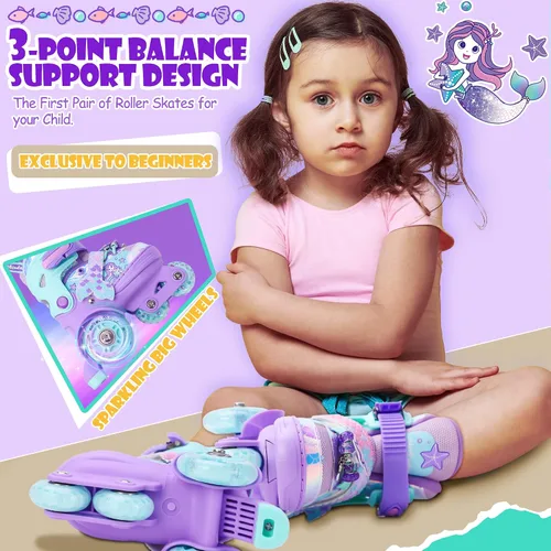 Miniatura 4 de Patines de Sirena para Niñas, MoSoulais 4 Tamaños Ajustables con Ruedas Iluminadas para Niños Pequeños, Patines para Mujeres Principiantes