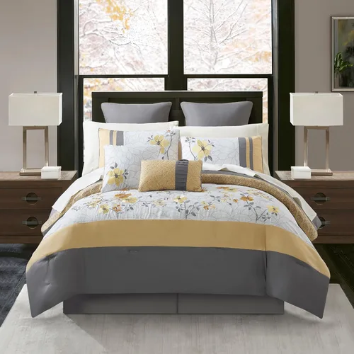 Stratford Park Fantástico juego de edredón floral de 12 piezas, tamaño King, diseño moderno, gris/amarillo, falda de cama a juego, almohadas y Gris-1