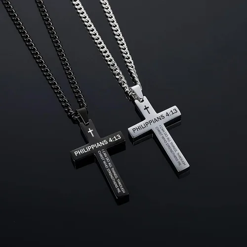 Miniatura 9 de Collar inspirador de cruz con versículo bíblico para hombres y niños, collar con colgante de cruz de plata negra lisa de acero inoxidable