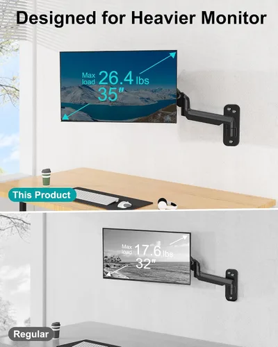 Miniatura 8 de MOUNT PRO Soporte de pared para monitor para pantallas curvadas planas de 35 pulgadas/26.4 libras, brazo de monitor único de alta resistencia