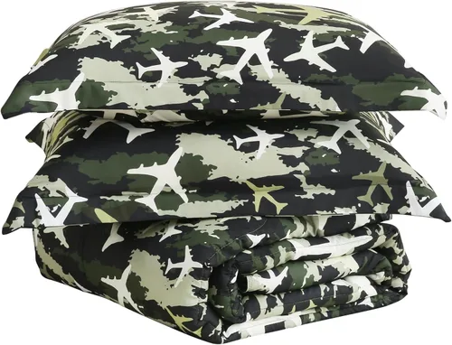 Juego de colcha Yibeizi para avión para niños, tamaño individual, ropa de cama estampada en camuflaje verde para niños con funda de almohada, juego