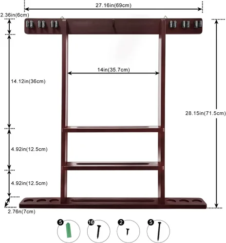 Miniatura 4 de Soporte para palo de billar, soporte de pared para taco de billar, accesorios para billar, bar, sala de juegos (caoba)