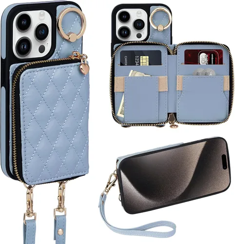 Miniatura 19 de Funda tipo cartera para iPhone 15 de 6.1 pulgadas, bolso cruzado con cremallera y correa para la muñeca con cordón para mujer, tarjetero con bloqueo
