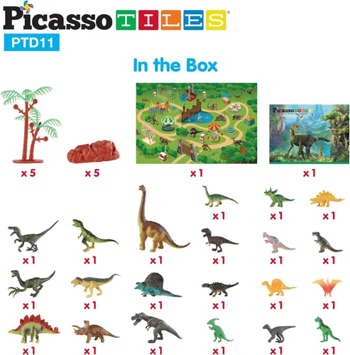 Miniatura 7 de PicassoTiles Juguetes de dinosaurio con tapete de juego de 32 piezas, juego de dinosaurios, kit de aprendizaje de actividades STEAM con libro Juego