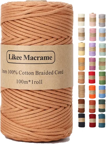 Miniatura 63 de Cordón de Algodón Trenzado 3mm x 109 yardas - Cuerda de Macramé Colorida para Manualidades, Ganchos, Colgantes de Pared - 100% Algodón Natural