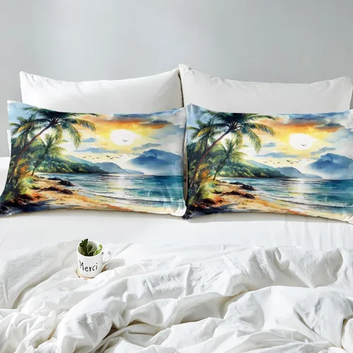 Miniatura 6 de Juego de sábanas de 3 piezas con diseño de playa oceánica, diseño de árbol de coco tropical, para decoración de habitación de niños, niñas, niños