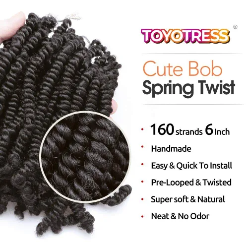 Miniatura 2 de TOYOTRESS Bob Spring Twist de 6 pulgadas (160 hebras), trenzado corto y esponjoso, pelo pretrenzado de instalación de ganchillo súper lindo