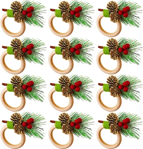 Geiserailie - 12 servilleteros de Navidad, conos de pino, flor de pascua, calabaza, servilleteros de madera, decoración para Navidad, Acción de