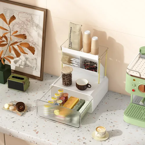 Miniatura 8 de FOLLOWIN Organizador de mostrador de baño con cajón, organizador para la parte superior de la cómoda con soporte para brochas de maquillaje, estante