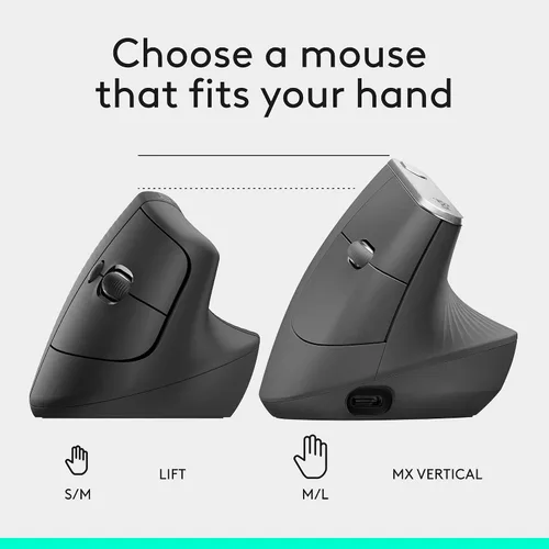 Miniatura 9 de Logitech Lift - Mouse ergonómico vertical, inalámbrico, Bluetooth o receptor USB, clics silenciosos, 4 botones, mouse inalámbrico para mano derecha