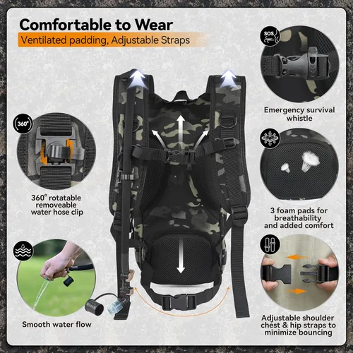 Miniatura 4 de MARCHWAY Mochila de Hidratación Táctica Molle con Vejiga de Agua de TPU de 2.5L, Mochila Militar Organizada de Perfil Bajo para Senderismo, Camo