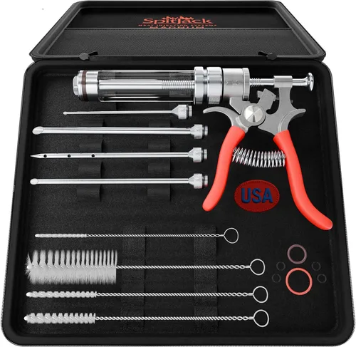 SpitJack Pistola inyectora de carne Magnum. Jeringa de inyección de sabor alimentario para adobos ahumados y condimentos de carne. 4 agujas para
