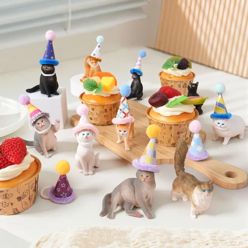 Miniatura 4 de 20 piezas de figuritas de gato en miniatura con kit de sombreros de cumpleaños, figuritas de gato pequeñas de resina, decoraciones para pasteles