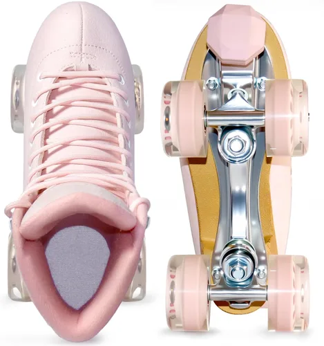 Miniatura 3 de Patines de ruedas para mujer o hombre con topes de goma ajustables en altura, patines retro de gamuza cuádruples para exteriores e interiores Rosa