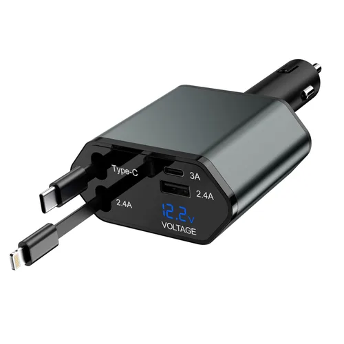 66W Cargador de Coche Retráctil, Cargador de Coche de Carga Rápida 4 en 1 Cargador de Teléfono de Coche Cargador USB C Retráctil, Cable de Tipo C a