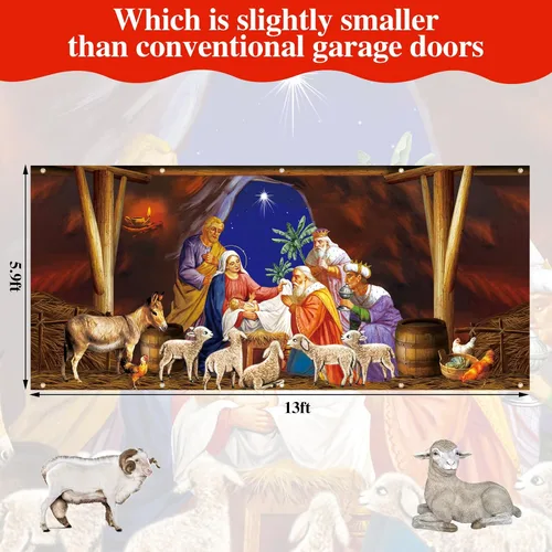 Miniatura 4 de Cubierta para puerta de cochera de Navidad Wesiti 6 x 13 pies, cartel religioso de Jesús, Feliz Navidad, para puerta de cochera, fondo de escena
