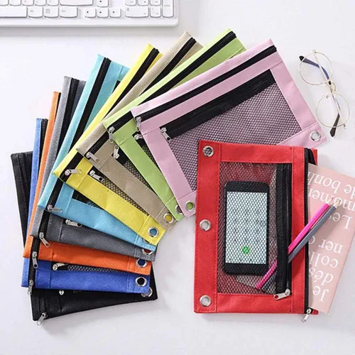 Miniatura 6 de Estuche para lápices con 3 anillas, con cremallera, estuche para cosméticos, paquete de 2