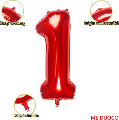 Miniatura 2 de Globos rojos de 32 pulgadas con el número 1 de aluminio para decoración de fiesta de cumpleaños (globo rojo número 1)