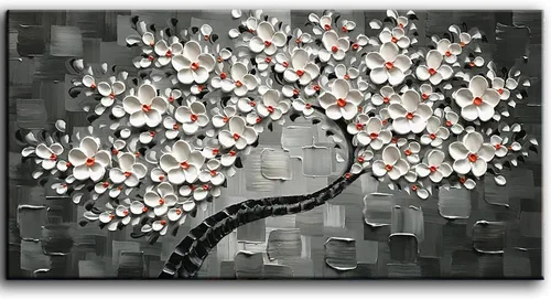Tyed Art -24x48 pulgadas Flores Arte Contemporáneo Pintura al óleo Flores Blancas Abstractas Pinturas de Árbol 100% Pintado a Mano 3D Arte Abstracto