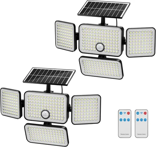 Miniatura 11 de 1 reflector solar de 3000 lm para exteriores con panel solar mejorado, 4 luces con sensor de movimiento de cabeza, luz de inundación con cable