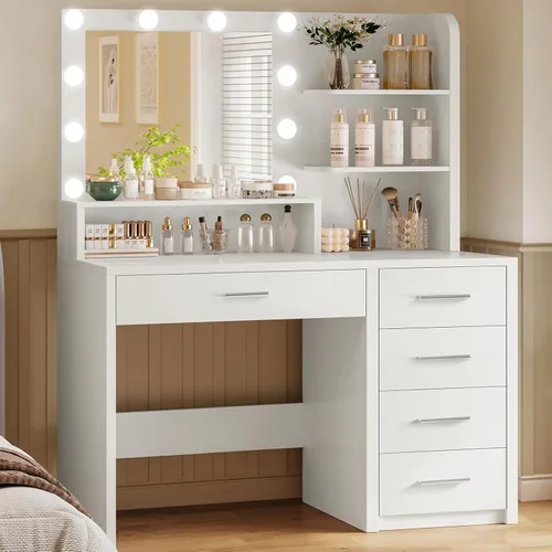 Miniatura 2 de FIONESO Escritorio grande con espejo y luces, tocador de maquillaje con 11 cajones y 6 estantes abiertos, 3 modos de iluminación, brillo ajustable