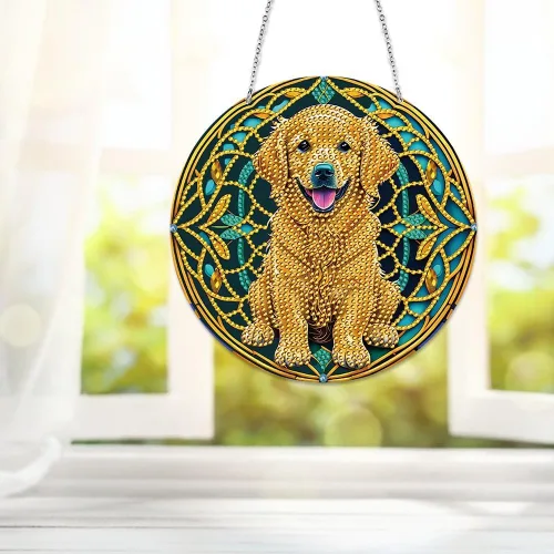 Miniatura 8 de LUSandy Kit de pintura de diamante 5D Golden Retriever DIY para colgar en la pared, letrero de arte para perro, diamante, atrapasoles, adorno