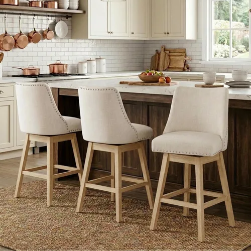 Miniatura 10 de Taburetes de Bar de Altura de Mostrador de 27.5 Pulgadas Taburetes de Cocina de Lino Modernos de Mediados de Siglo con Respaldo Patas de Madera Lino