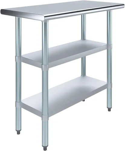Miniatura 30 de AmGood Mesa de trabajo de acero inoxidable con 2 estantes NSF Mesa utilitaria de metal (15 pulgadas de largo x 30 pulgadas de profundidad)