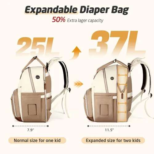 Miniatura 2 de Mochila para pañales extra grande para 2 niños gemelos, bolsas de viaje para bebé para mamá y papá, 25-37L, expandible, con cambiador, orificio