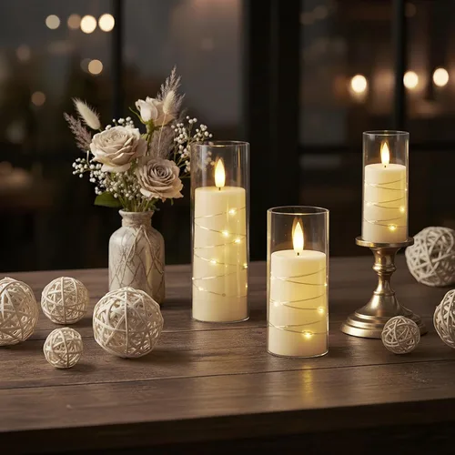 Miniatura 7 de Raycare Vela sin llama con temporizador remoto, 7 velas LED de acrílico parpadeantes con cuerda de estrella integrada para Navidad, boda, decoración