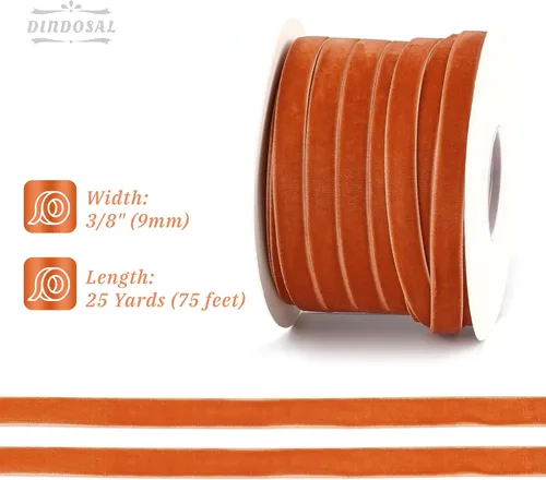 Miniatura 2 de Cinta de terciopelo de terracota de 3/8 pulgadas x 25 yardas, cinta naranja quemada de una sola cara para envolver regalos, bodas, lazos
