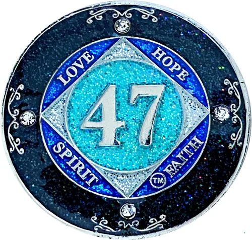 Miniatura 25 de NA 1 año de cristales y medallón de purpurina, moneda chapada en color plateado, arco iris negro, purpurina azul y cuatro cristales transparentes
