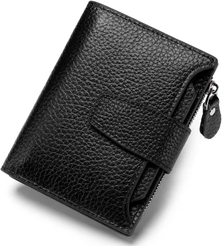 Miniatura 14 de Cartera de piel plegable con bloqueo RFID para mujer, tarjetero compacto con bolsillo con cremallera para monedas y 4 ventanas de identificación